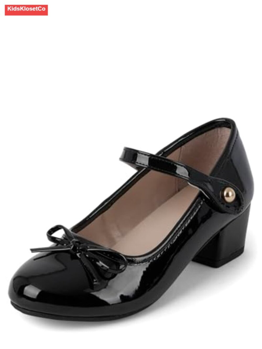 Girls Faux Patent Leather Low Heel Dress Pumps with Bow